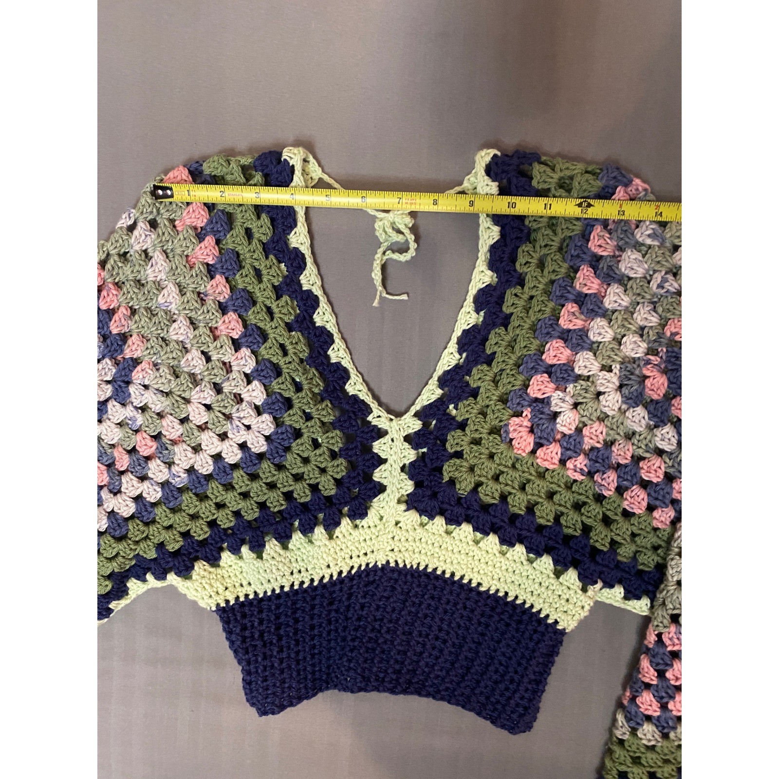 Handmade Crochet Granny Square Crop Top Bell Sleeve Green Navy Pink Boho V-Neck