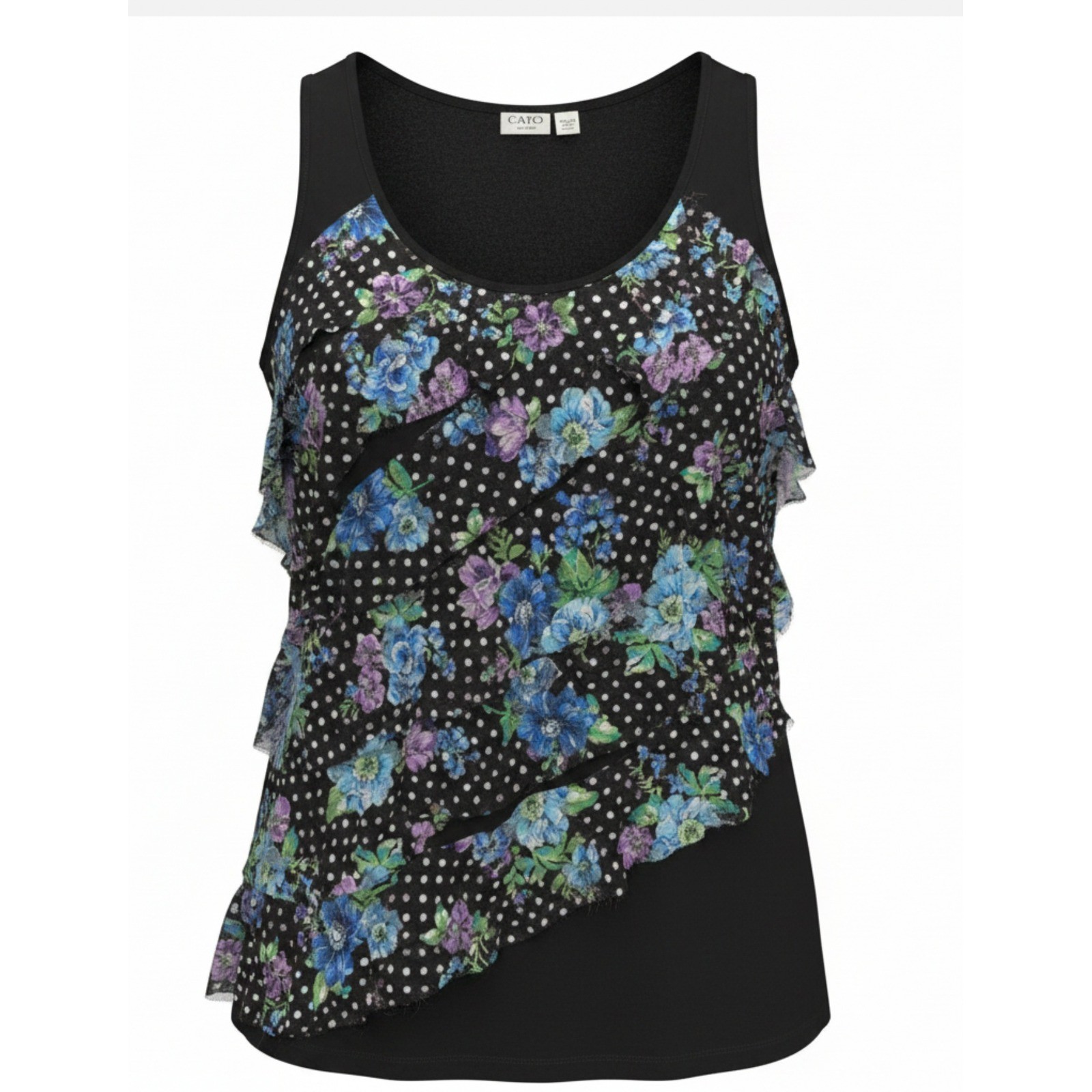Cato Woman Plus Size 18/20W Black Floral Polka Dot Ruffle Tank Top Sleeveless