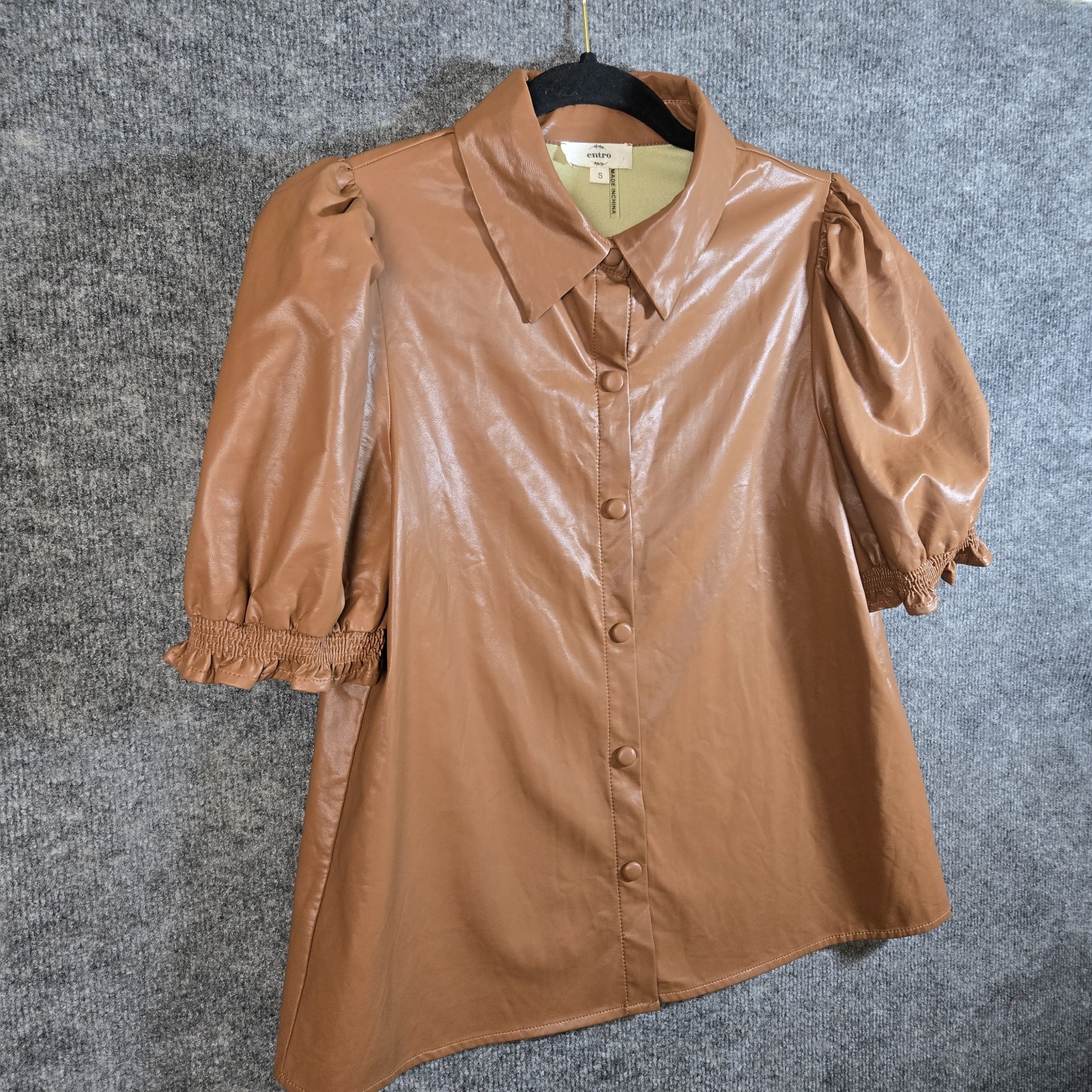 Entro Top Womens S Light Brown Faux Leather Snap Up Puff Sleeve Steampunk Indie