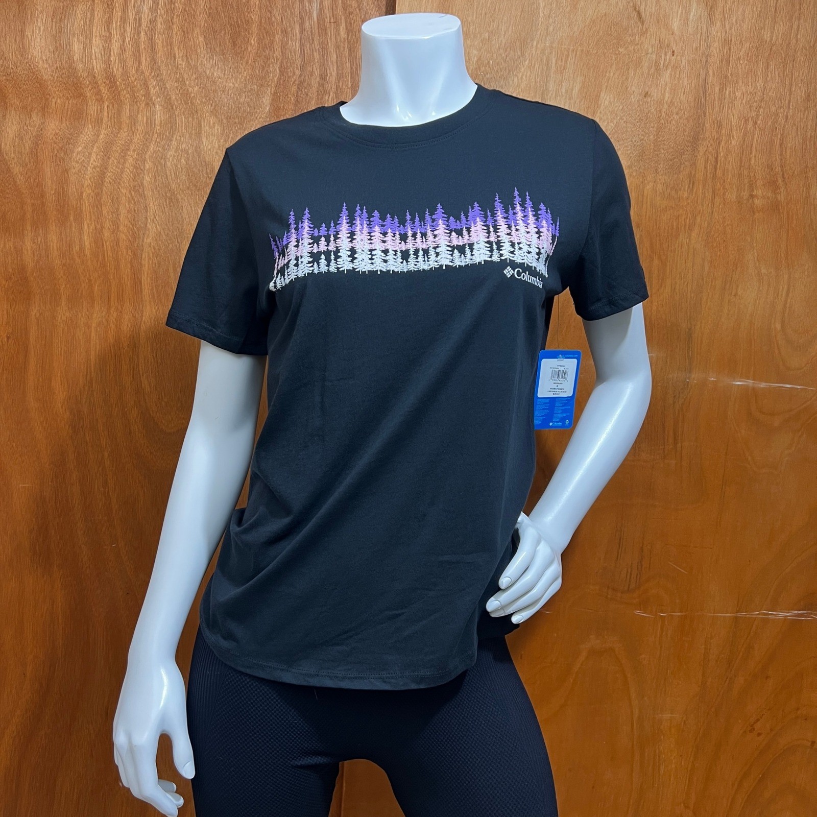 Columbia Women’s Graphic T-Shirt Black Purple Forest Trees Outdoor Tee Size M