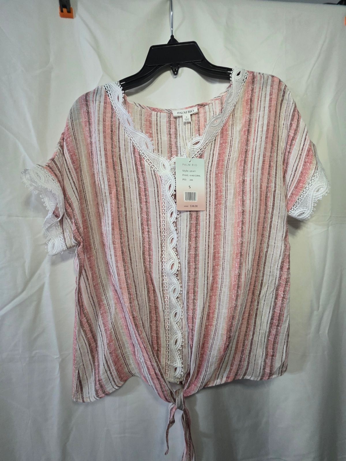 Palm Rio LB1471 L5017 Coral Striped Tie Front Blouse Women’s S