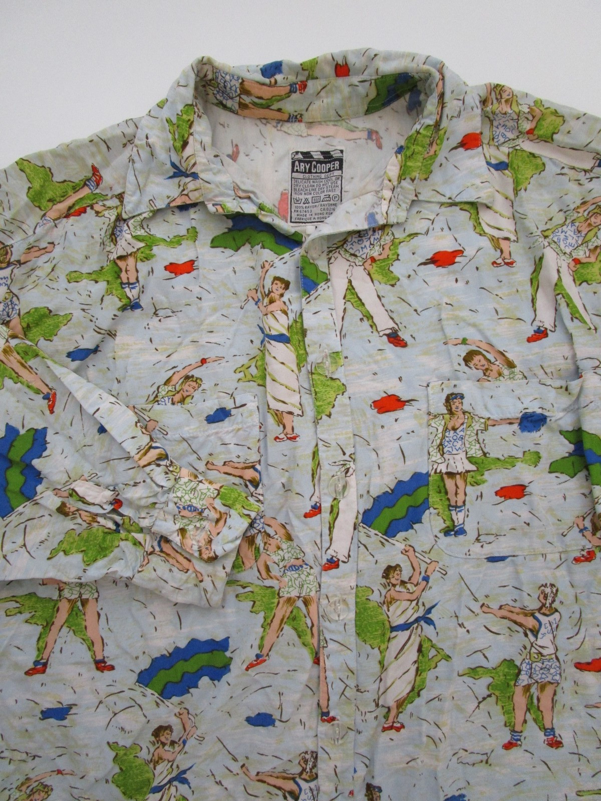 Womens Medium Ary Cooper rayon button shirt cheerleader flag girl VTG hong kong