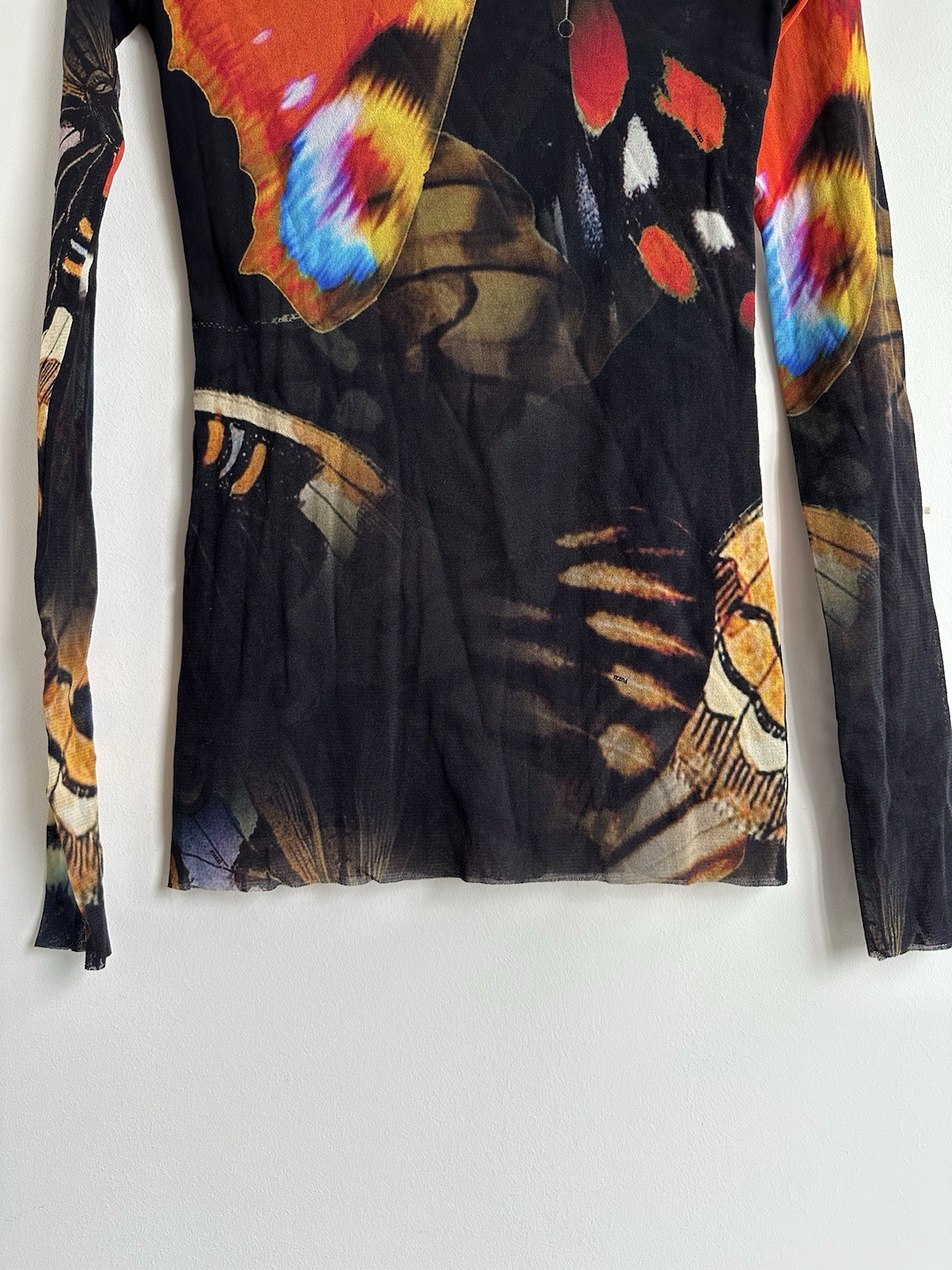 Vintage Fuzzi Jean Paul Gaultier Butterfly Print Long Sleeve Mesh Blouse Size XL