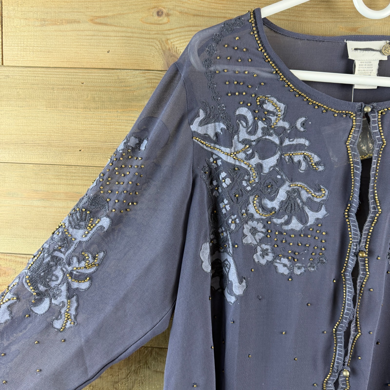 Soft Surroundings Womens Shirt Button Up Embellished Beaded Sheer Elegant Large