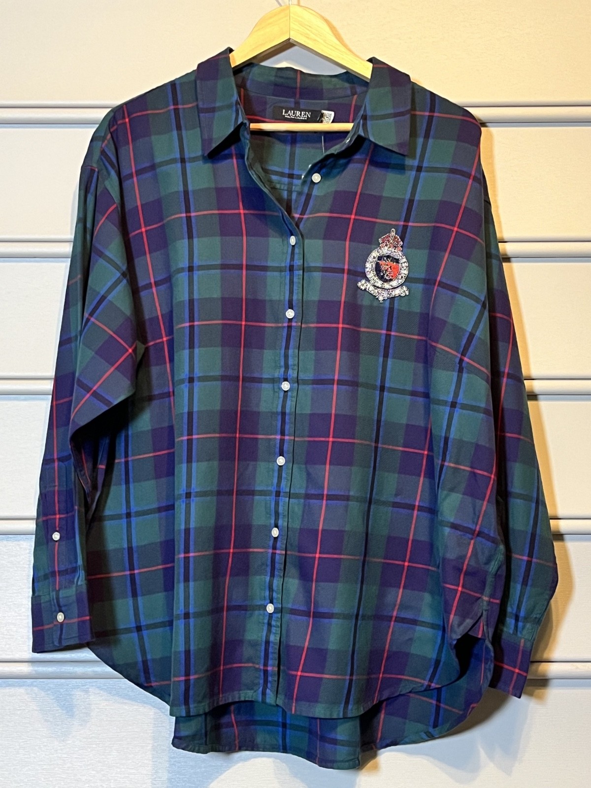 lauren ralph lauren plaid plus size 2x button up, beaded crest, NWT $165 MSRP