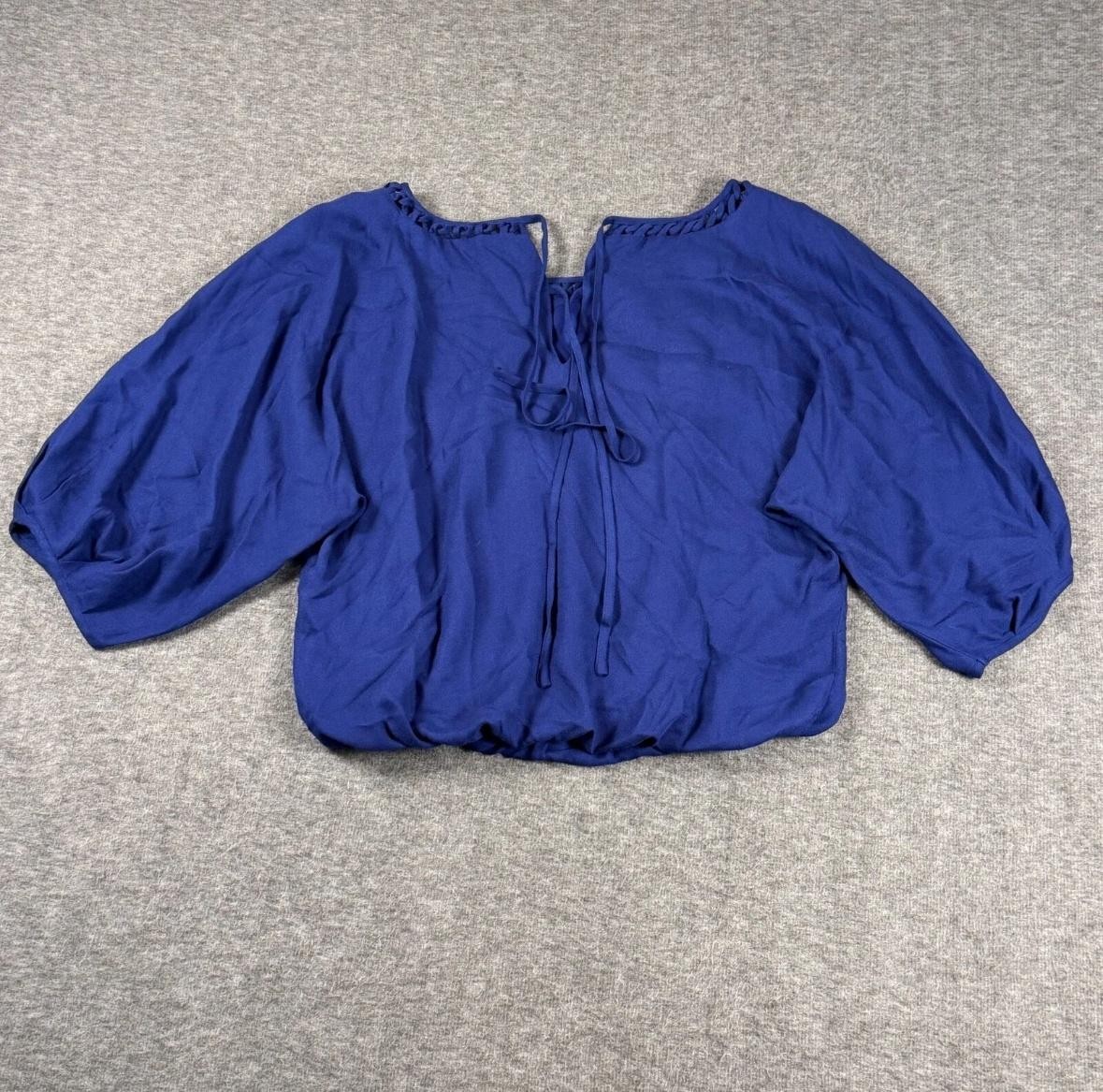 Ella Moss Blouse Womens Small Blue Peasant Top Braided Neck Tie Back Rayon Boho