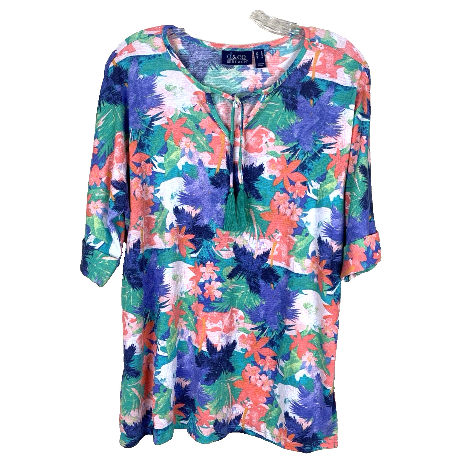 D&CO Beach Tunic Womens S Knit Top Dolman Tropical Tassel Colorful Resort Linen