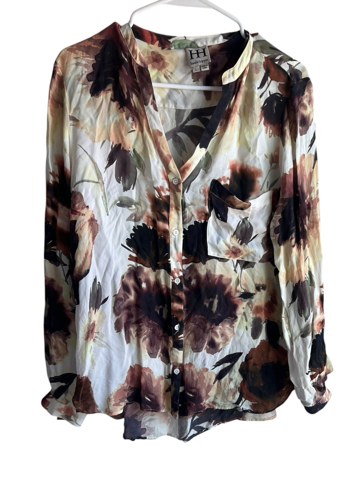 Haute Hippie size L button front blouse 100% silk 3/4 sleeve white brown floral