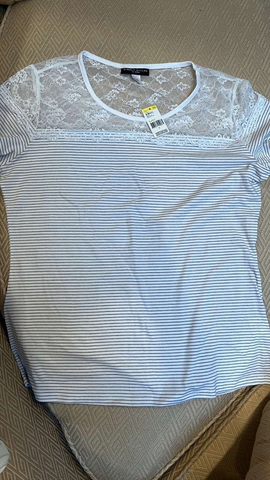 Simply Styled Women Lace Yoke Tee Short Sleeves White/Black Stripe