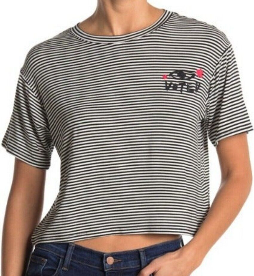 BP Womens Size XS Voted Striped Graphic Crop Top Short Sleeve Shirt Tee 1400
