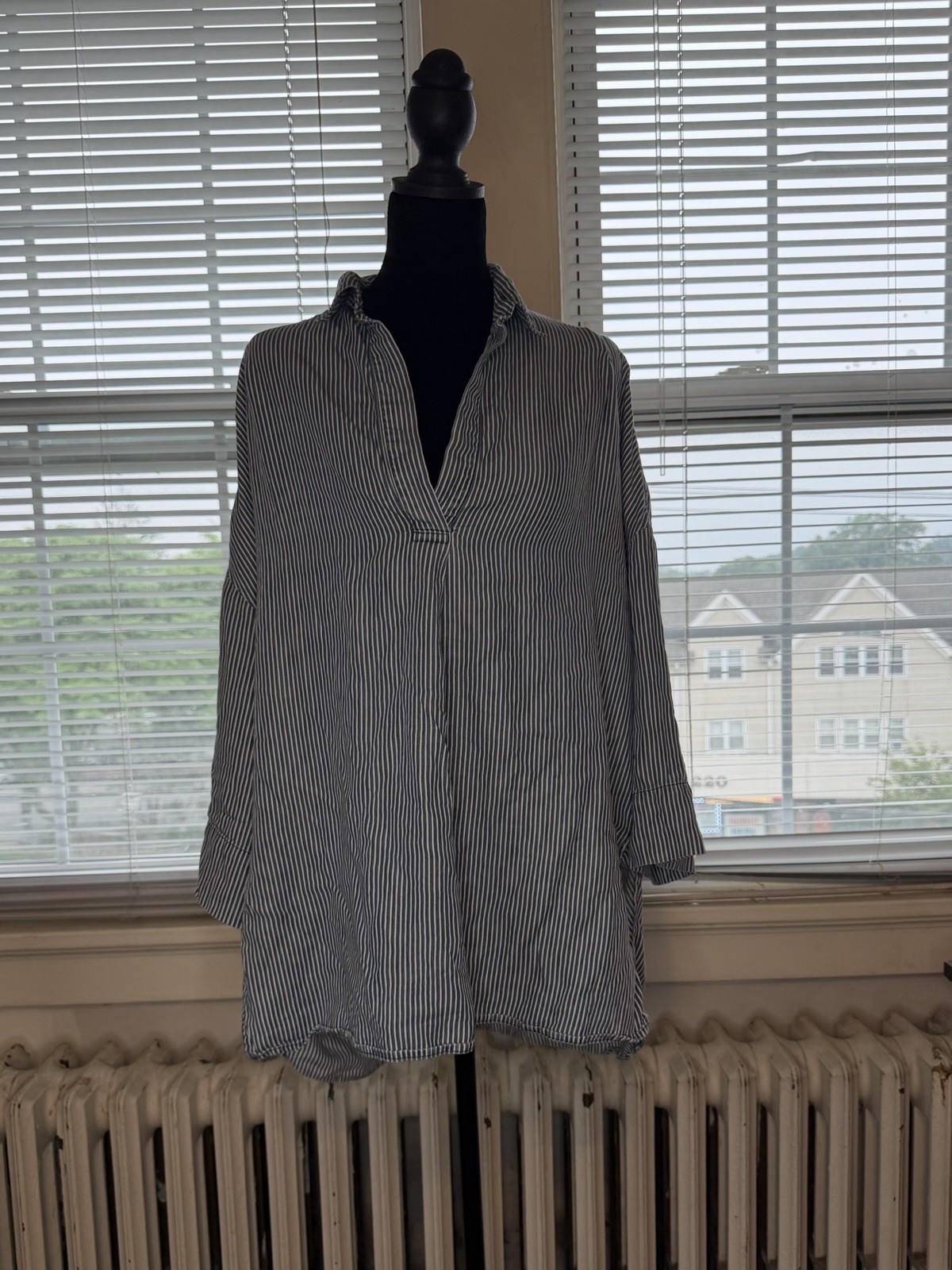 French Connection Blue and White Railroad Striped Tunic Collared Shirt