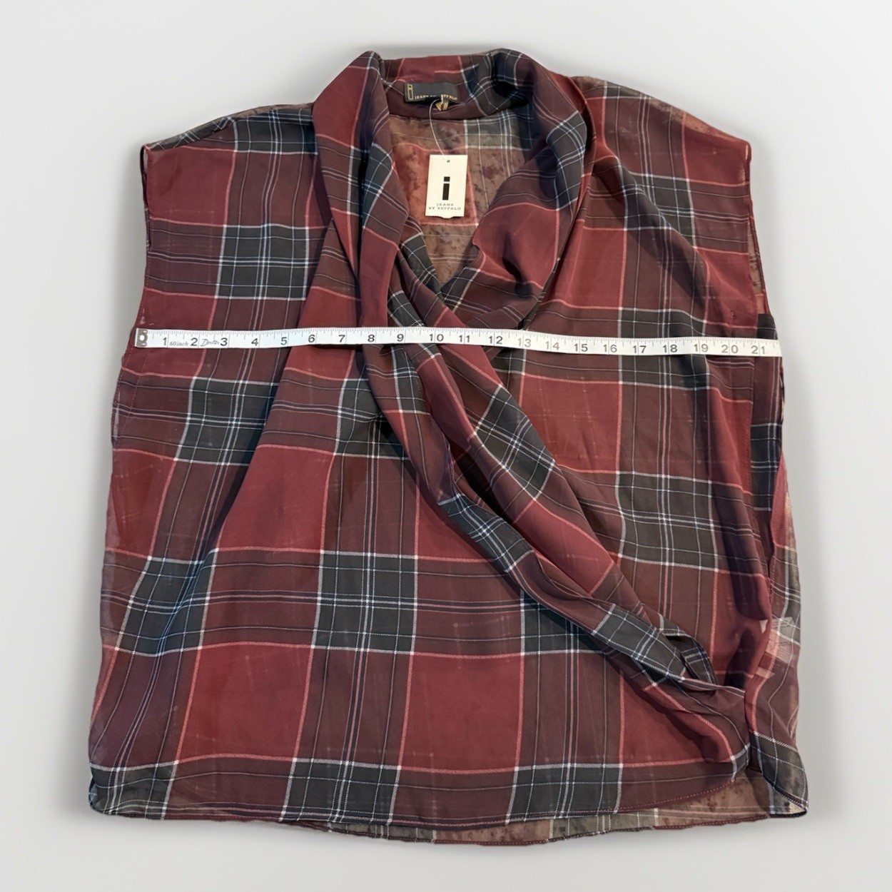 Buffalo David Bitton Large Shiraz Plaid Sheer Surplice Wrap Top Burgundy NWT