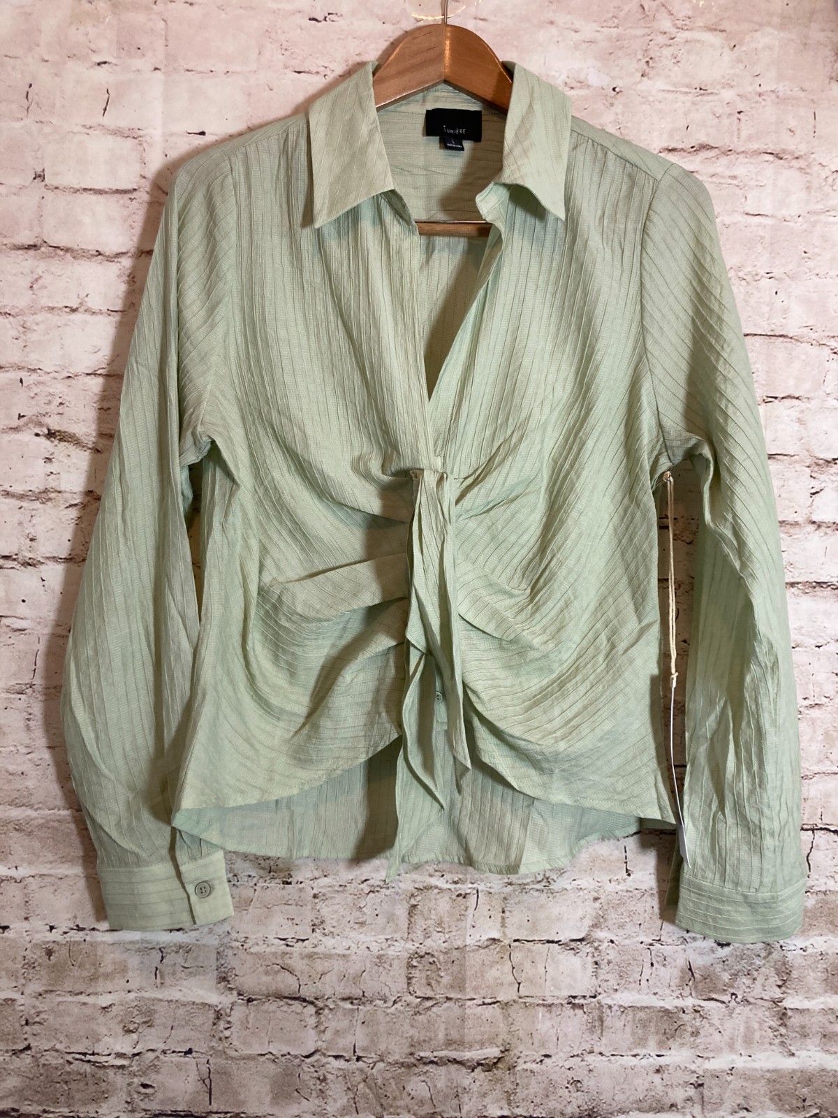 Lumiere Top Womens Large Light Sage Ruched Tie Front Feminine Soft Girl Cropped