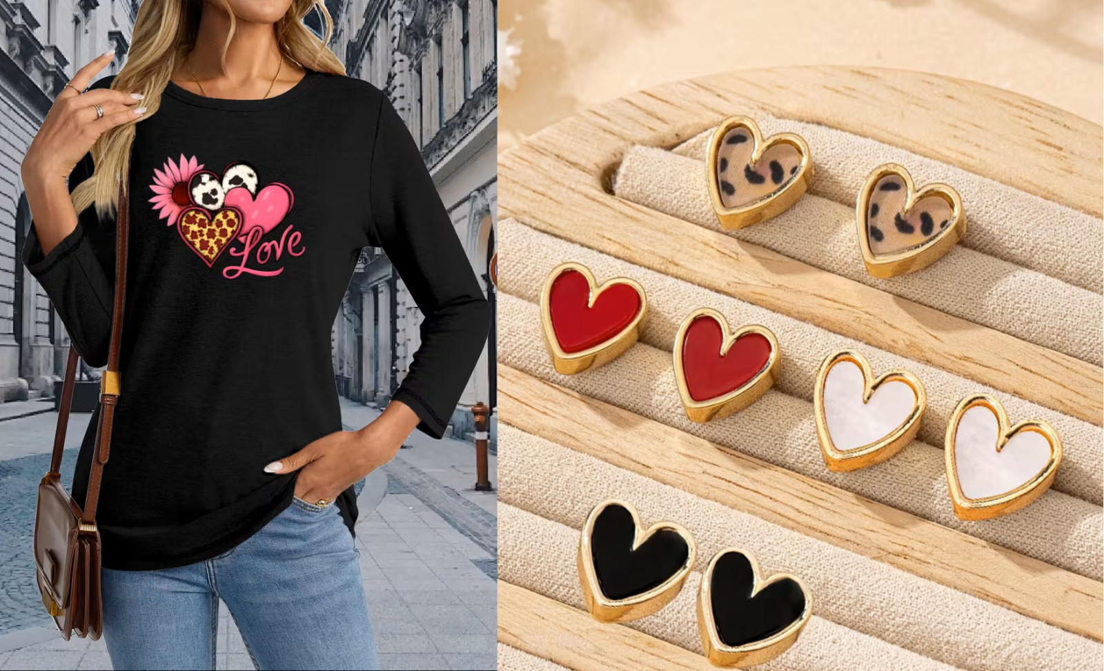 Long-Sleeve Love Leopard Red Heart Sunflower Valentines Day T-Shirt and Earrings