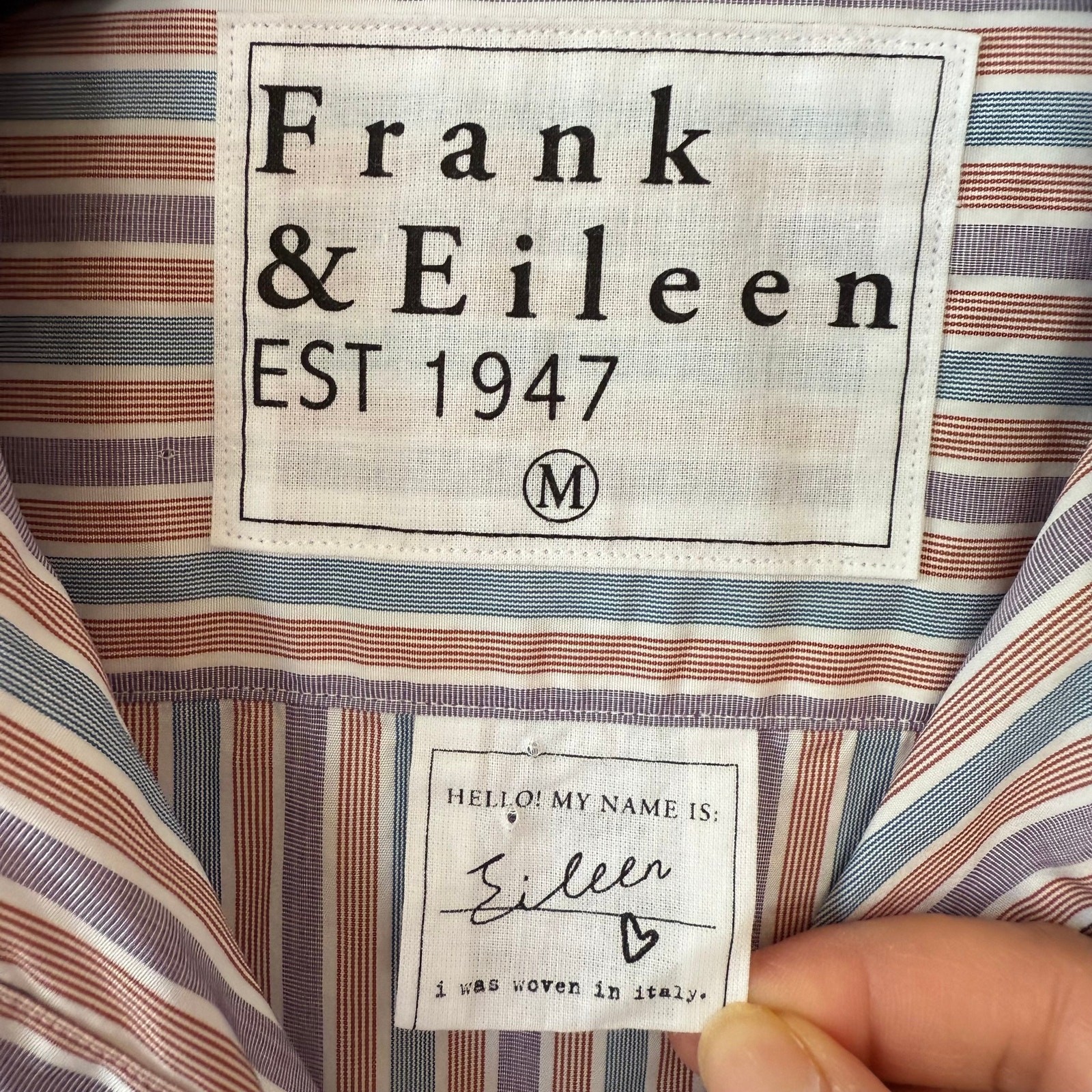 Frank & Eileen multi-stripe button-down shirt rust, blue neutral tones Size M