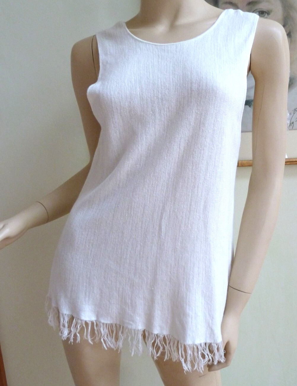 Theory Top Shirt Blouse Women’s Medium Sleeveless White Linen Rayon Blend Fringe