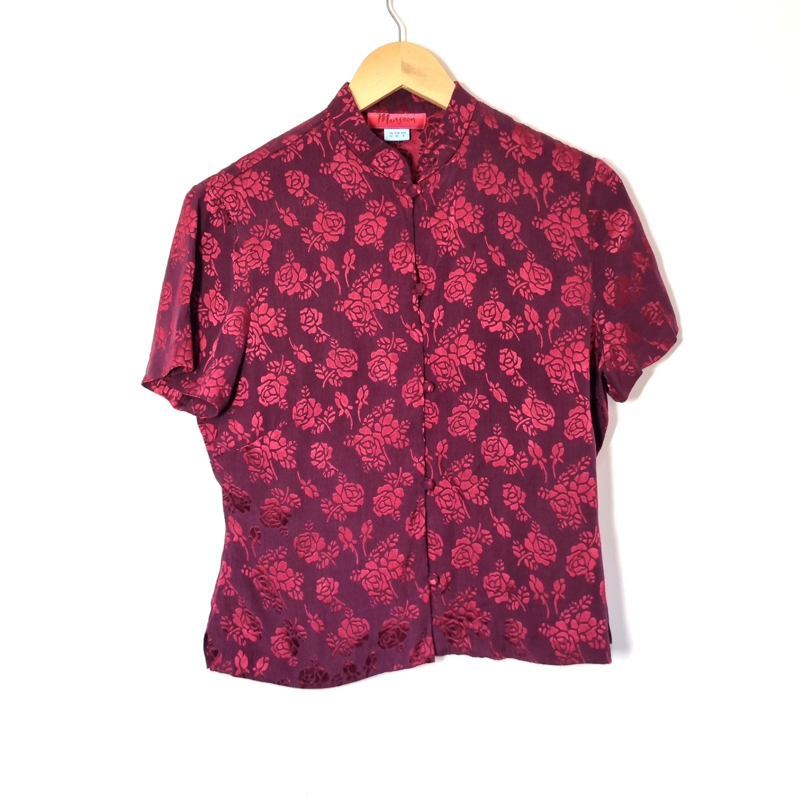 Monsoon Blouse Top Size 12 Burgundy Purple Cheongsam Oriental Y2K 90s Silk