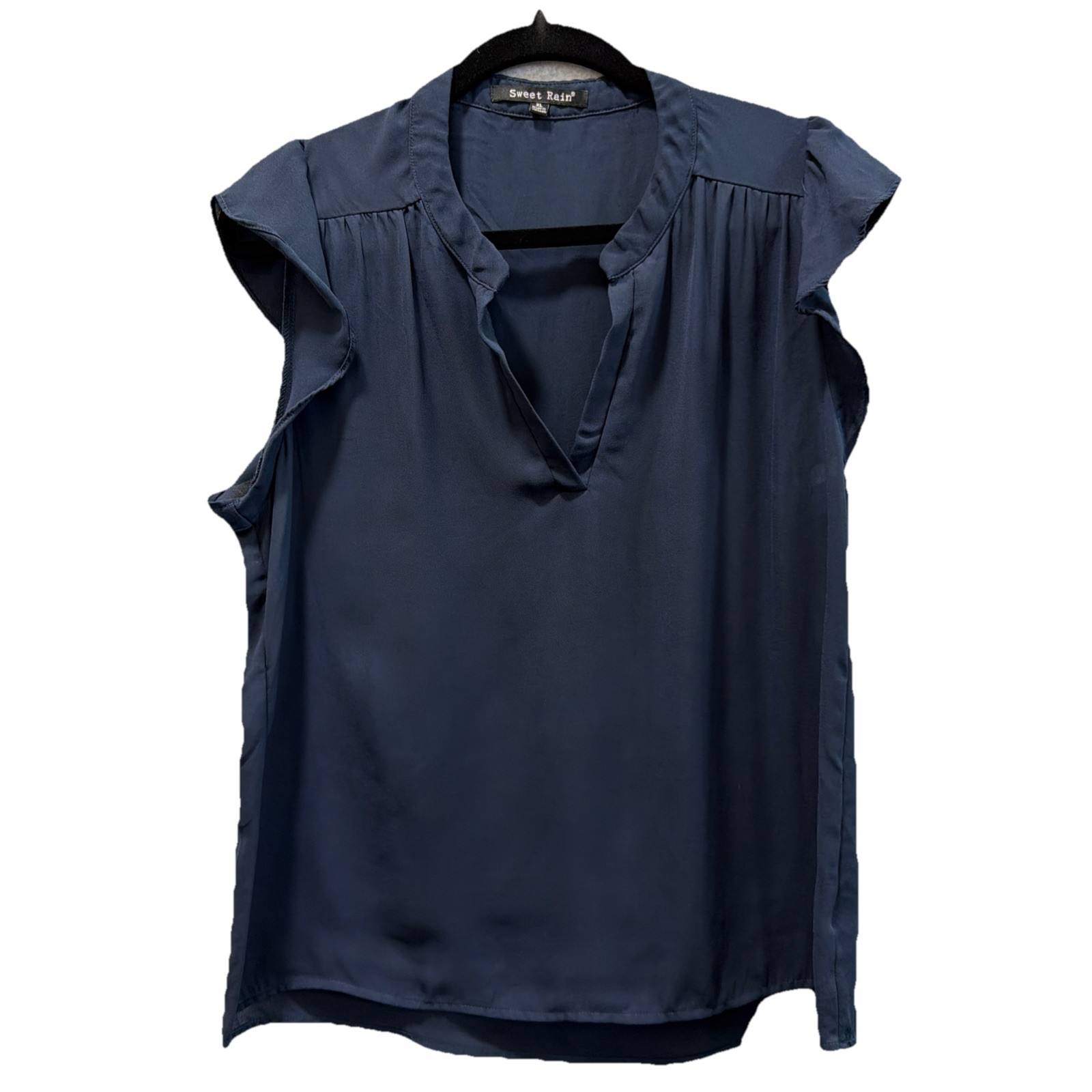 Sweet Rain Women’s Blouse Size XL Navy Flutter Sleeve Satin V‑Neck Top EUC
