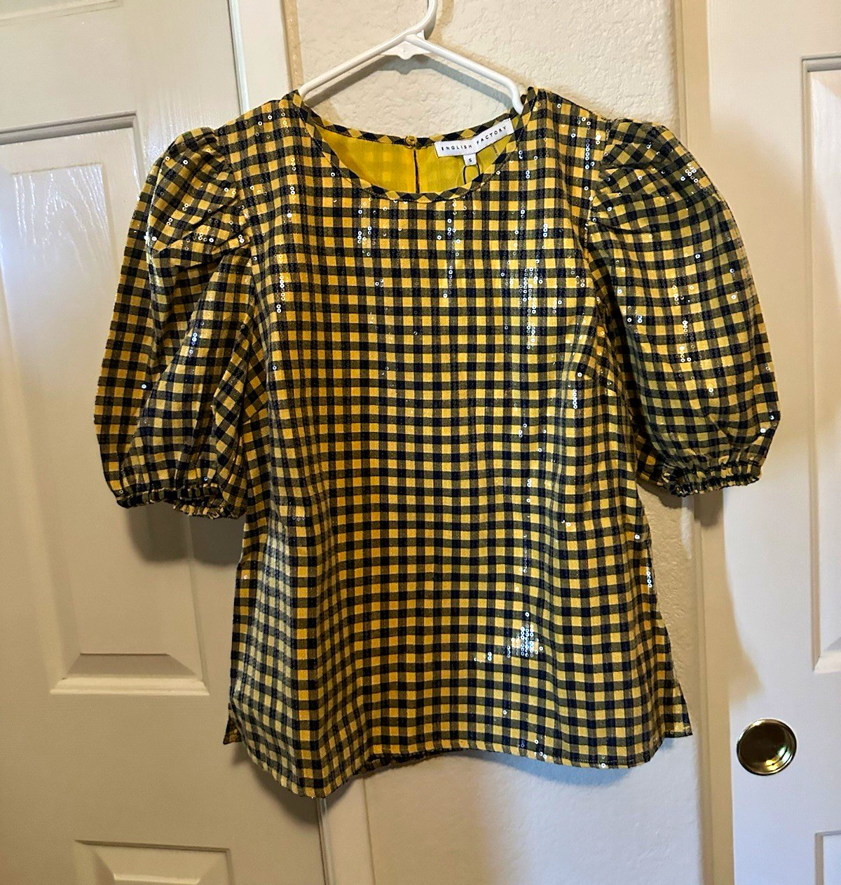 Women’s Yellow/Black Gingham Puff Short Sleeve Round Neck Pullover Blouse S