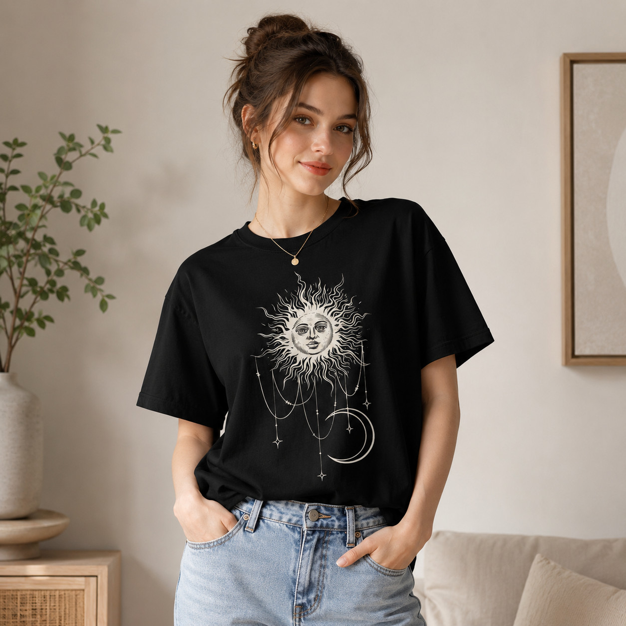 Celestial Sun Moon Graphic T Shirt Women Boho Vintage Cotton Tee Gift