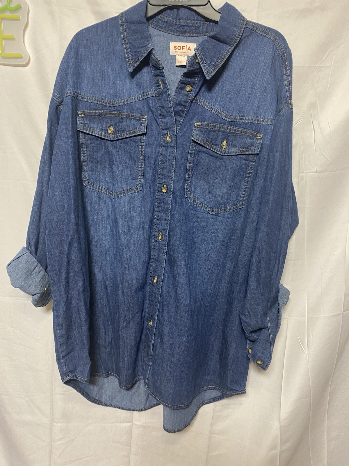 SOFIA by Sofia Vergara Blue Denim Button-Up Shirt Collared Pockets L Cotton