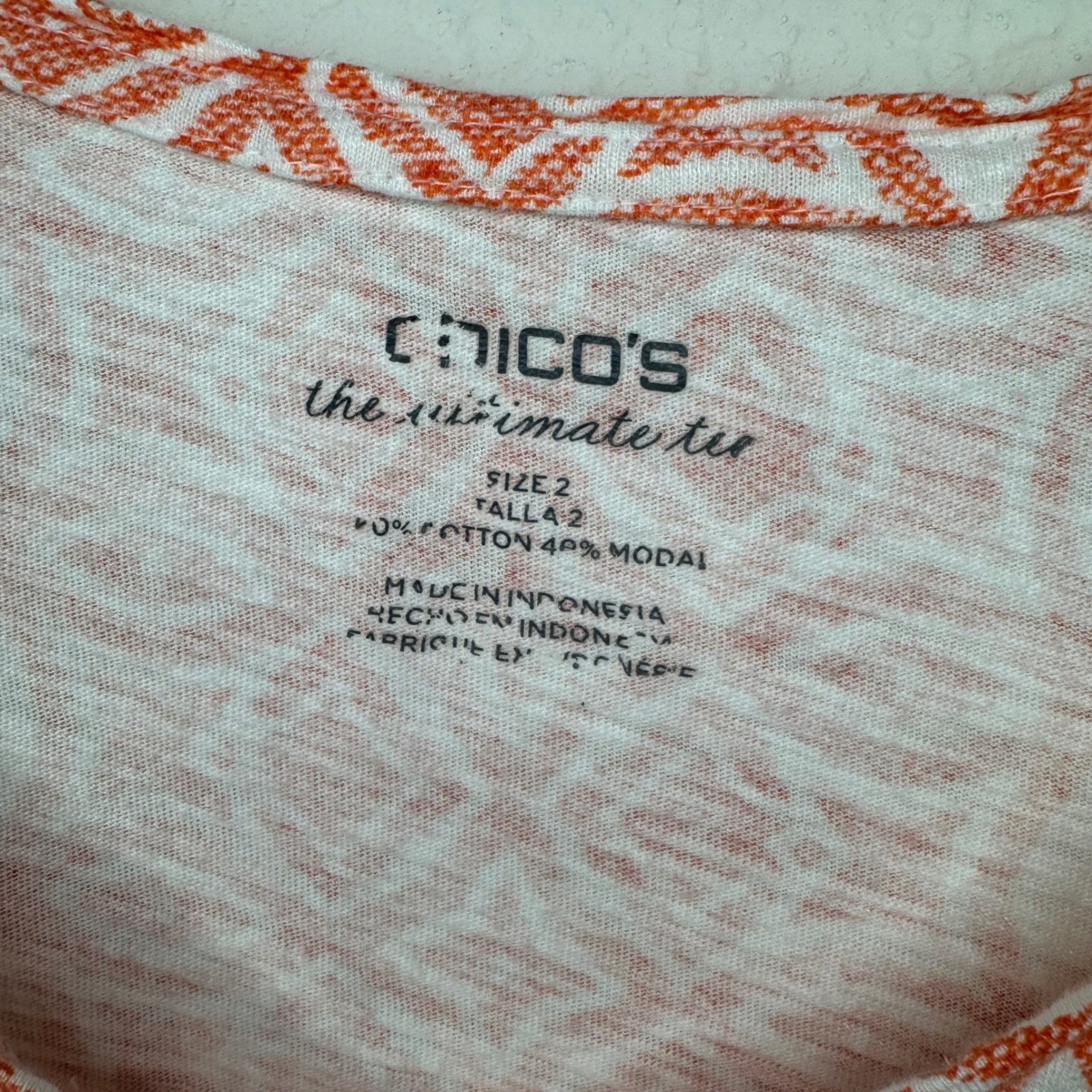 Chicos The Ultimate Tee Womens Orange Geometric Print V Long Sleeve Top 2(L)