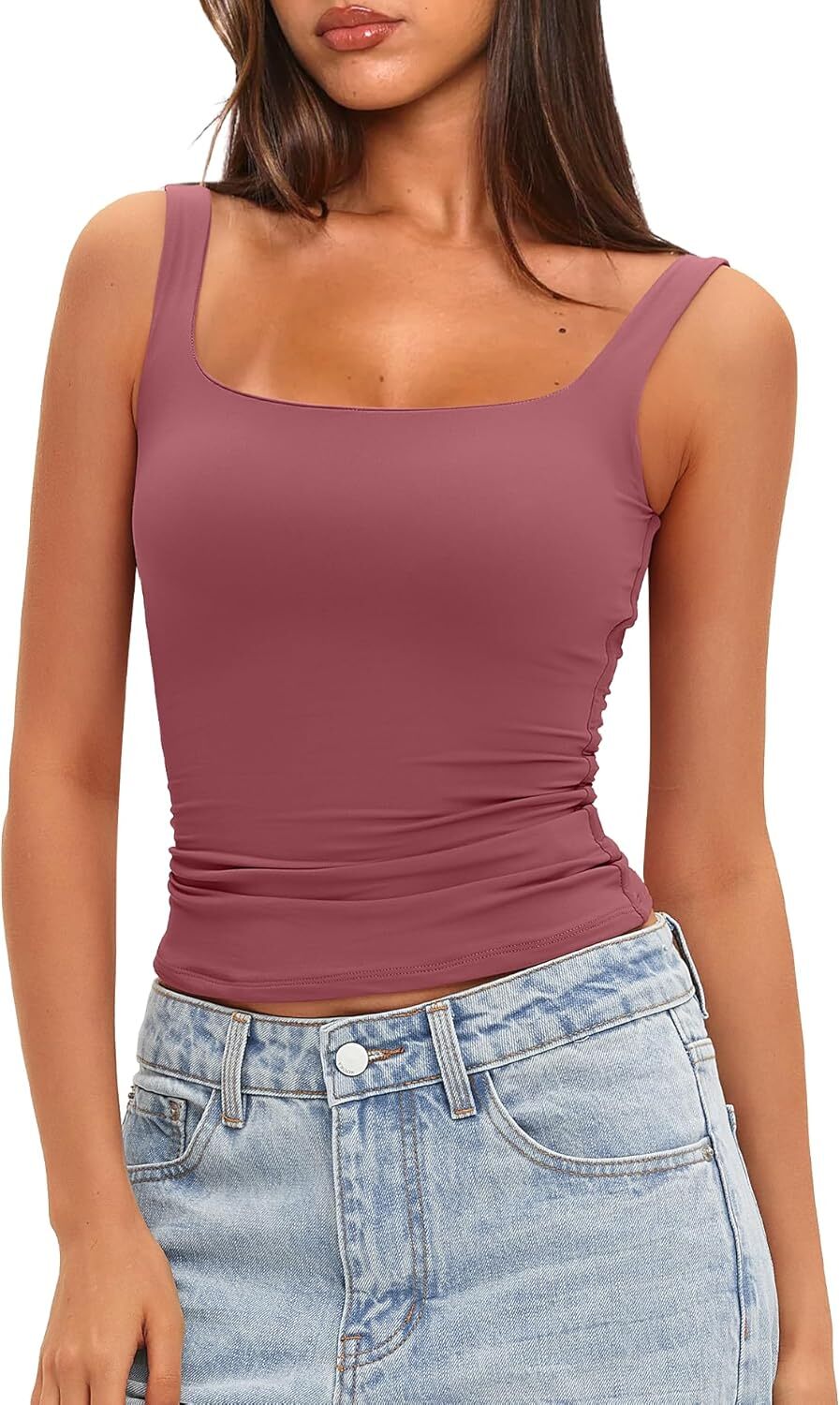 Women’s Padded Tank Top Built In Bra Square Neck Double Layer Sleeveless Summer