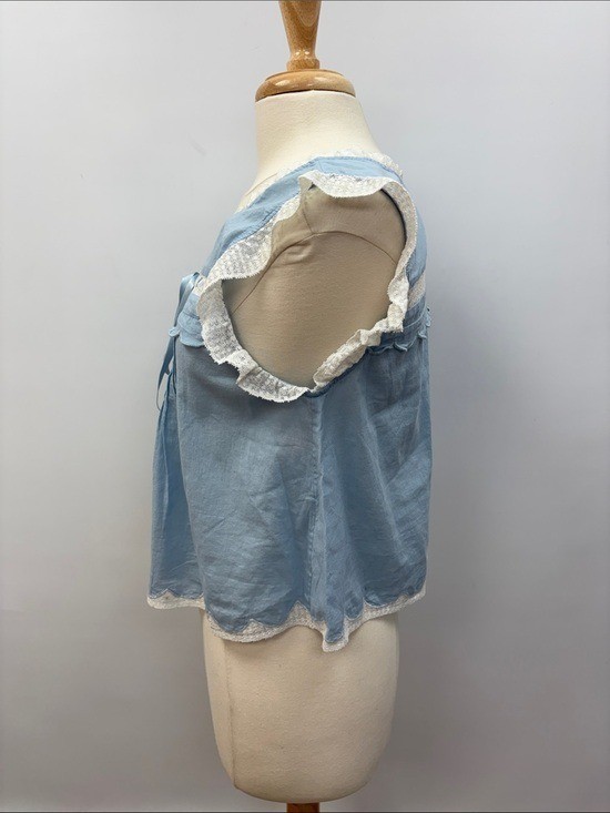 LoveShackFancy Cottage Ruffle Lace Pleated Prairie Woven Shirt Blue Medium