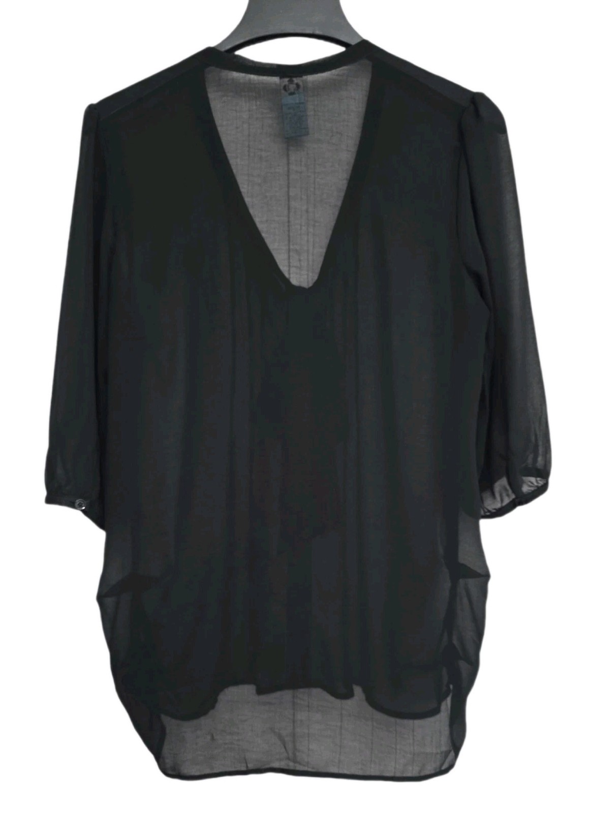 D Collection Black Button Up Pleate Front Tie Ruched Sheer Blouse Women’s Size M