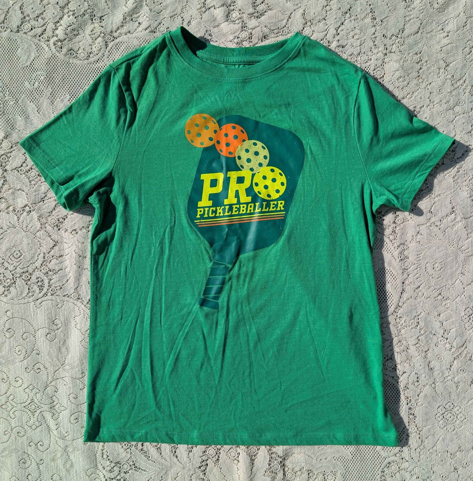 Retro Sporty 70s 80s 90s Green Orange Yellow Pro Pickleballer Logo T-shirt top