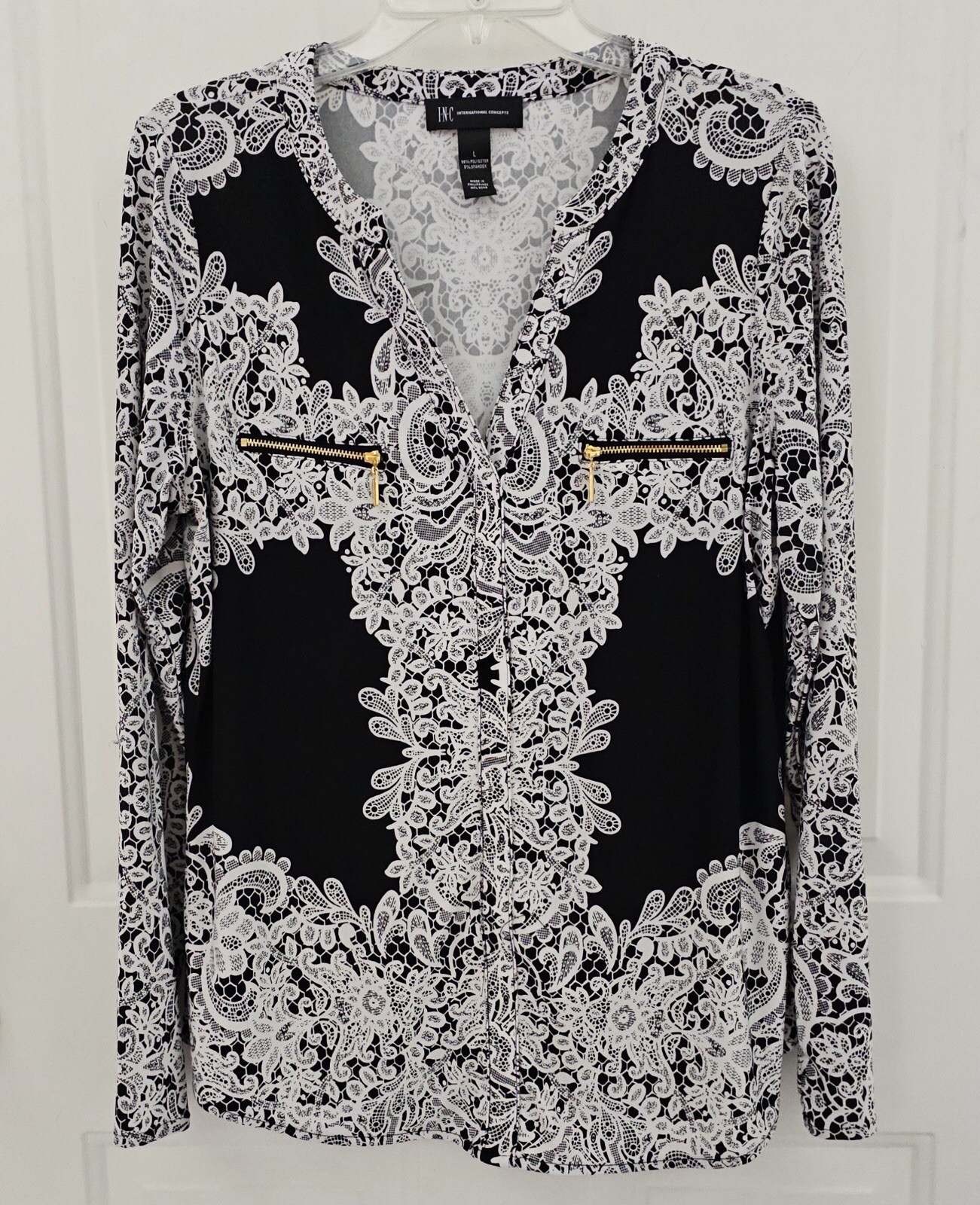 Inc International Concepts Women’s Long Sleeve White Lace Pattern On Black Large