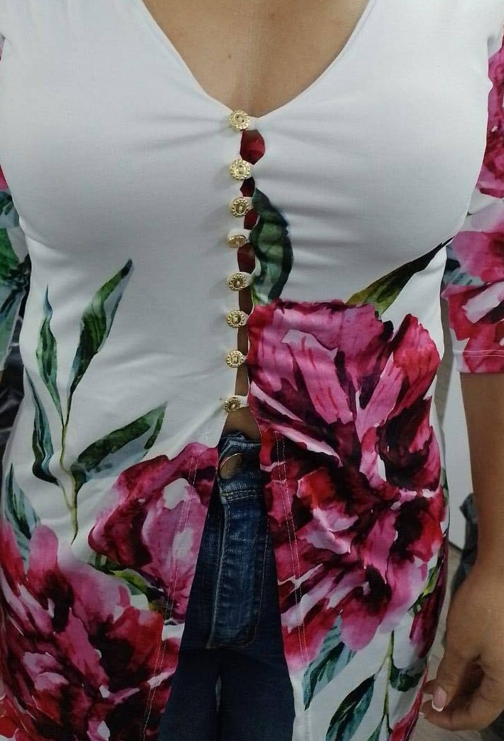 PIT-BULL CAPOHEIRA, Colombian Sexy Tunic Floral Print White Blouse #BL-1042