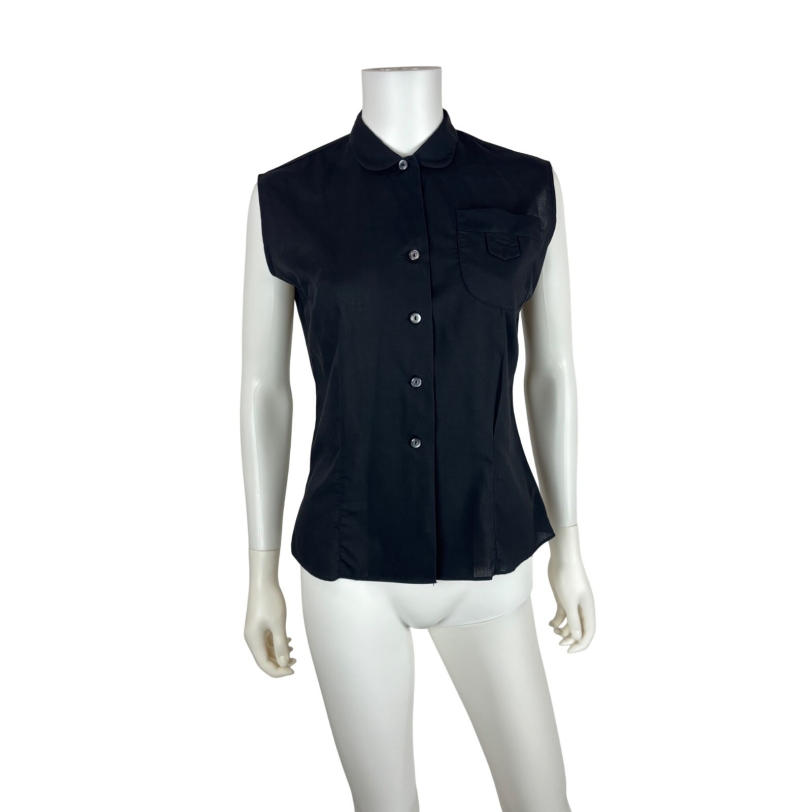 Vintage 50s Black Blouse Womens Medium Sleeveless Button Down Chest Pocket