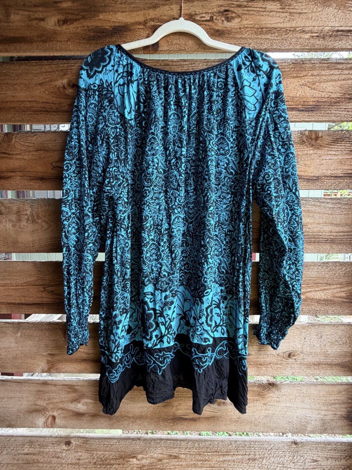 Krista Lee Teal and Black Floral Blouse XL Bohemian Flowy Lightweight