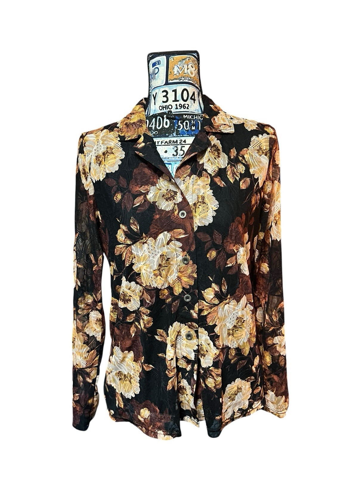 Jane + Delancey Brown Beige Floral Sheer Sleeve Business Neutral Blouse Sz S