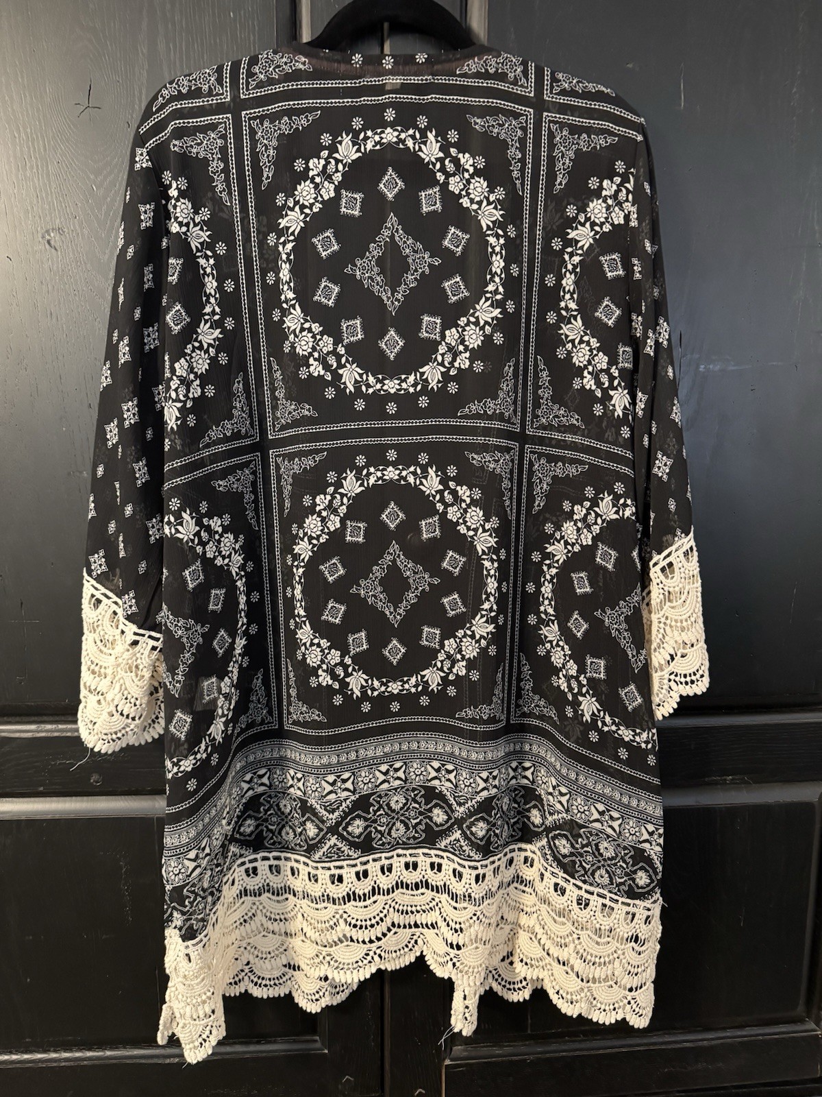 Jolt Black White Geometric Lace Trim Lightweight 3/4 Sleeve Kimono XL