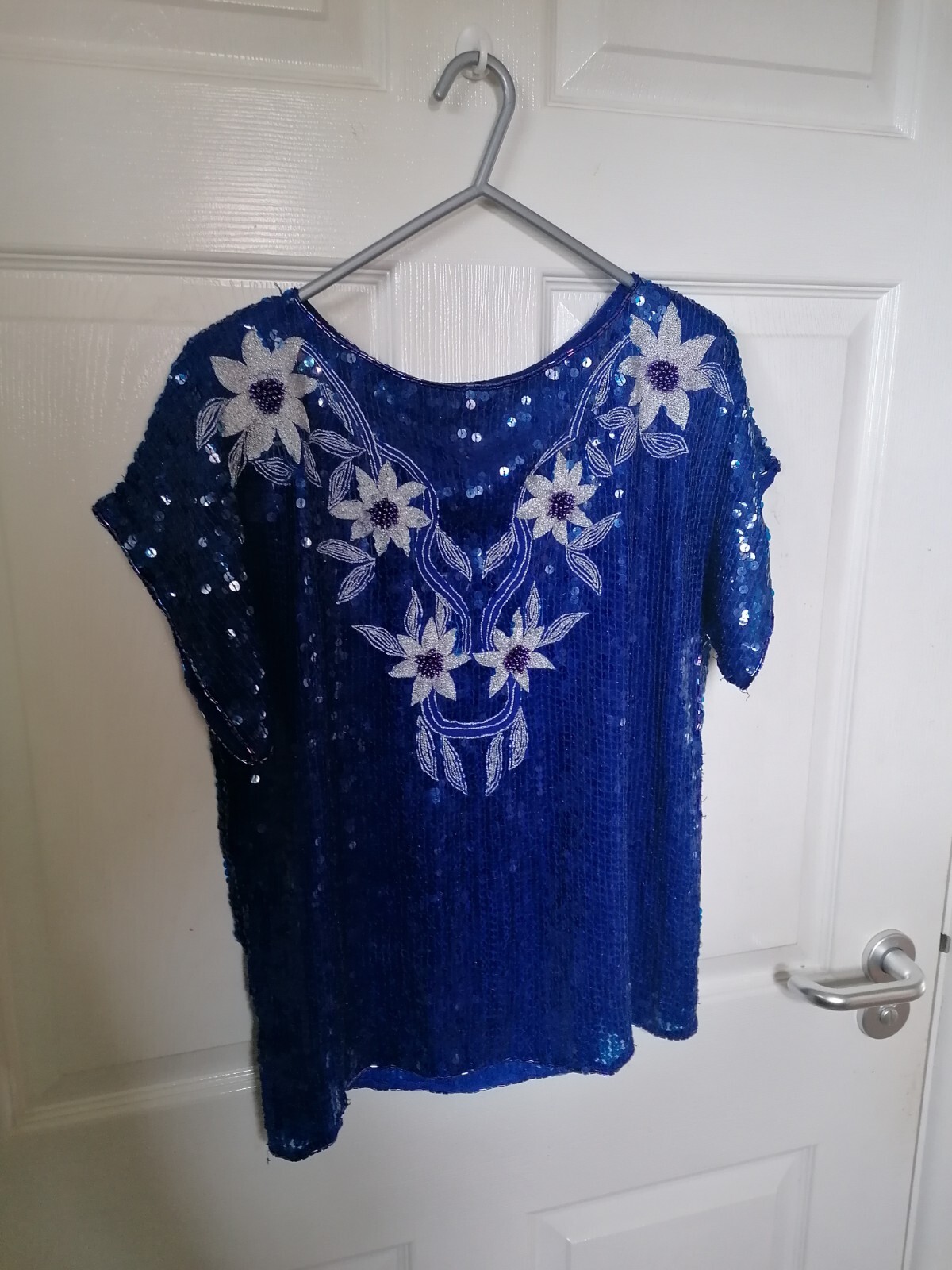 Vintage Embellished Sequin Beaded Silver Floral Blue T-shirt Evening Party Top