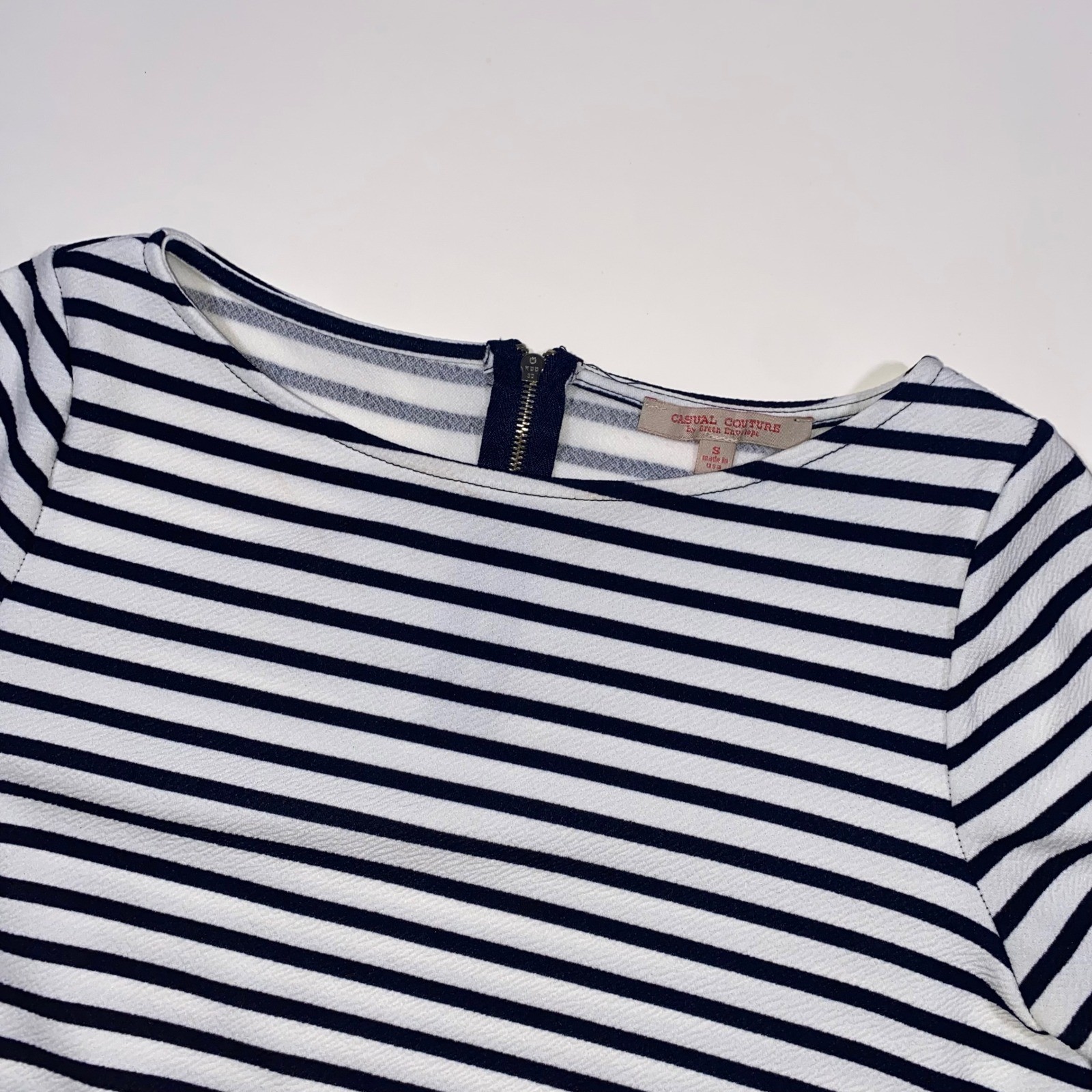 CASUAL COUTURE by Bree Element Striped Boat Neck Zipper Back Top Women’s Size S