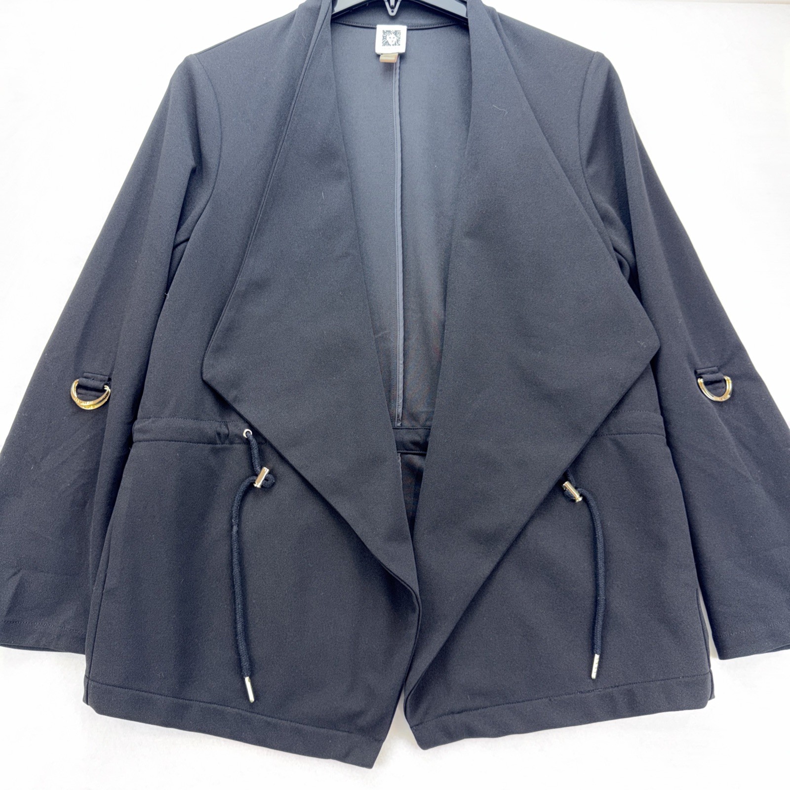 Anne Klein Women’s Jacket Blouse Top Black Polyester Draped Open Front Size M