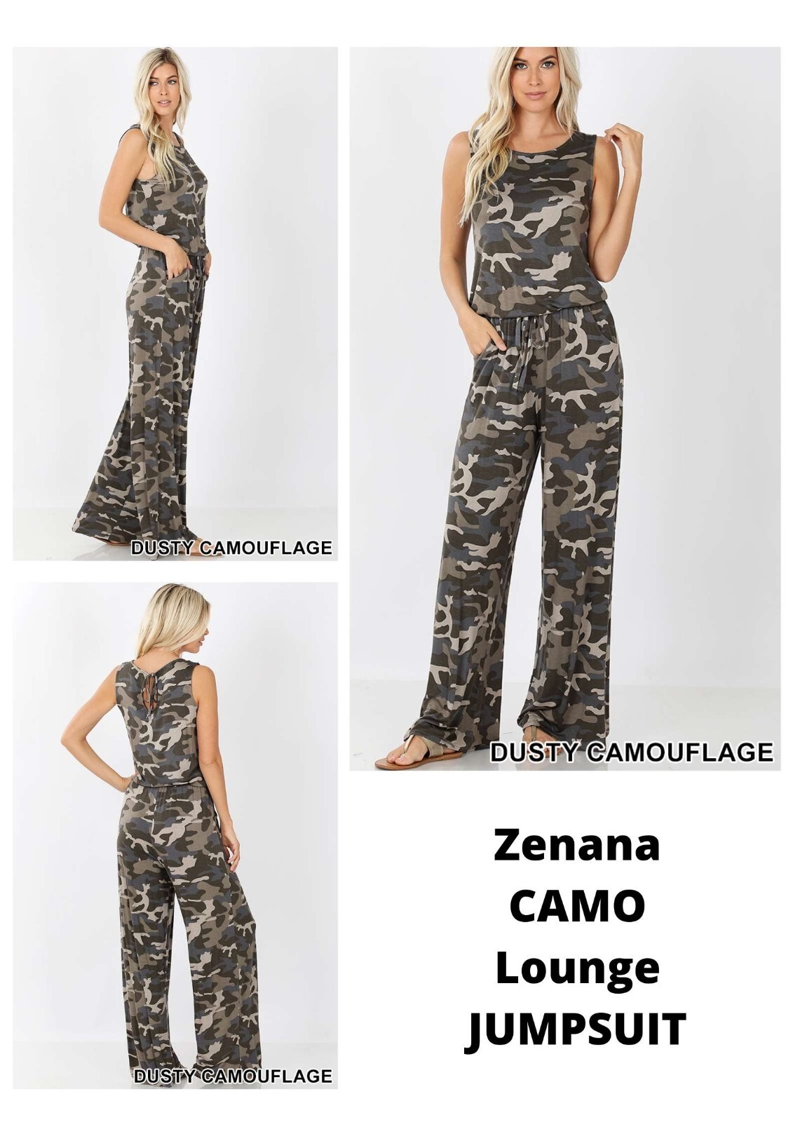 NWT Designer Boutique Zenana CAMO Lounge JUMPSUIT wide leg pockets S, M, L, XL