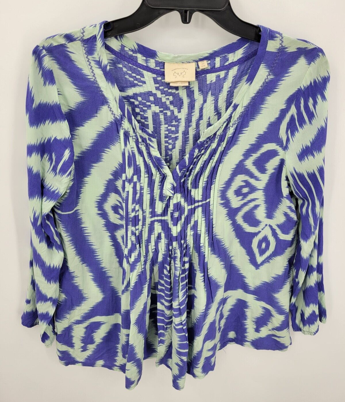 Vanessa Virginia Anthropologie Top Womens 2 Blue Aztec Pleated Boho Popover