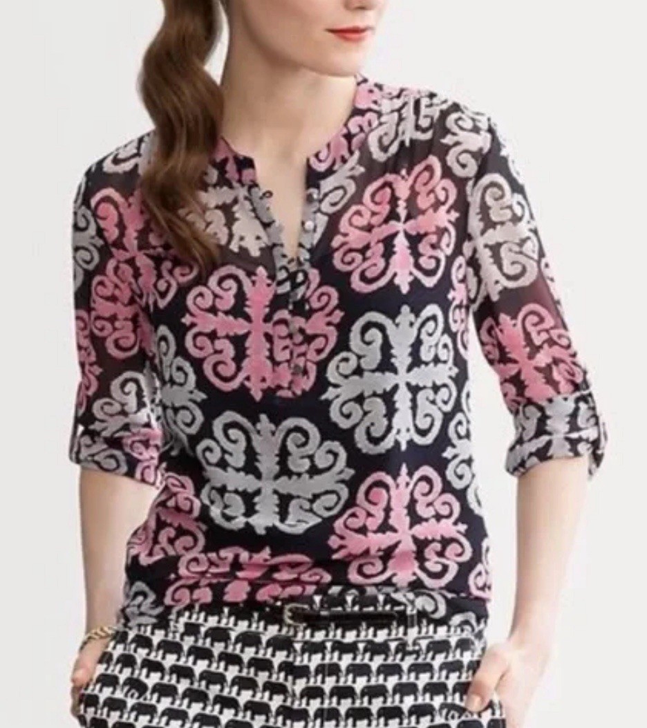 BANANA REPUBLIC MILLY COLLECTION MEDALLION PRINT ROLL-SLEEVE TOP Size 6