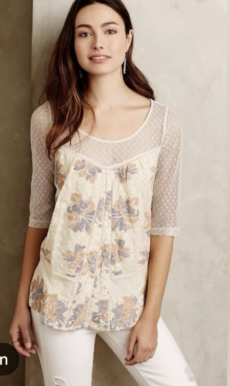 Anthropologie Meadow Rue Ivory Floral Lace Top Sheer Sleeves Floral Embroidery M