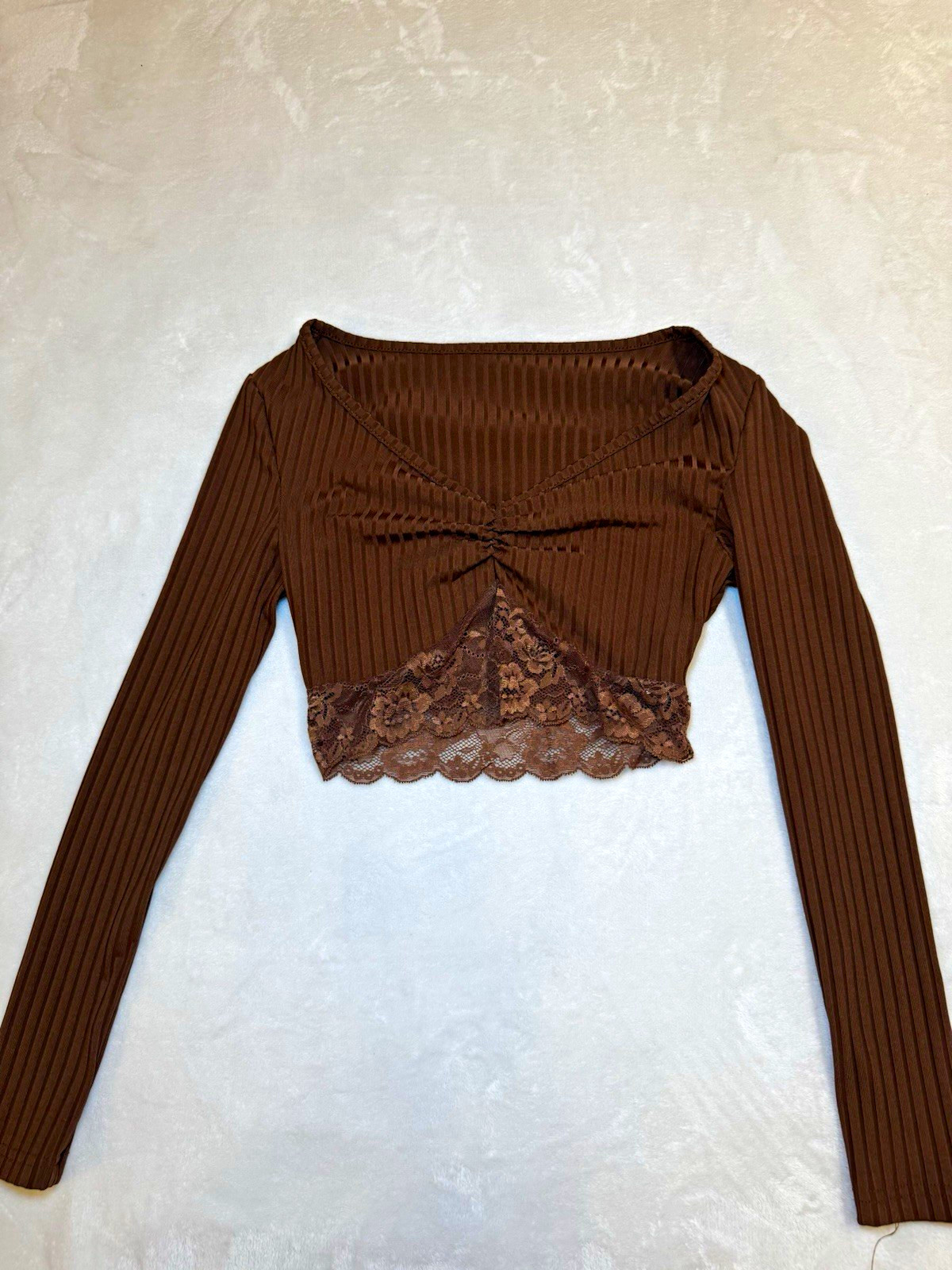 SHEIN Brown Ribbed V Neck Lace Hem Cropped Stretch Top XS