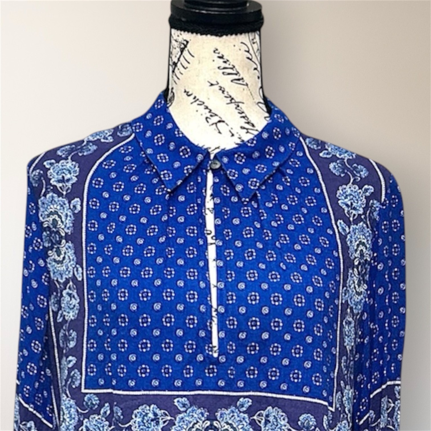 Free People Changing Time True Blue Floral Long Sleeve Tunic Top M Boho Peasant