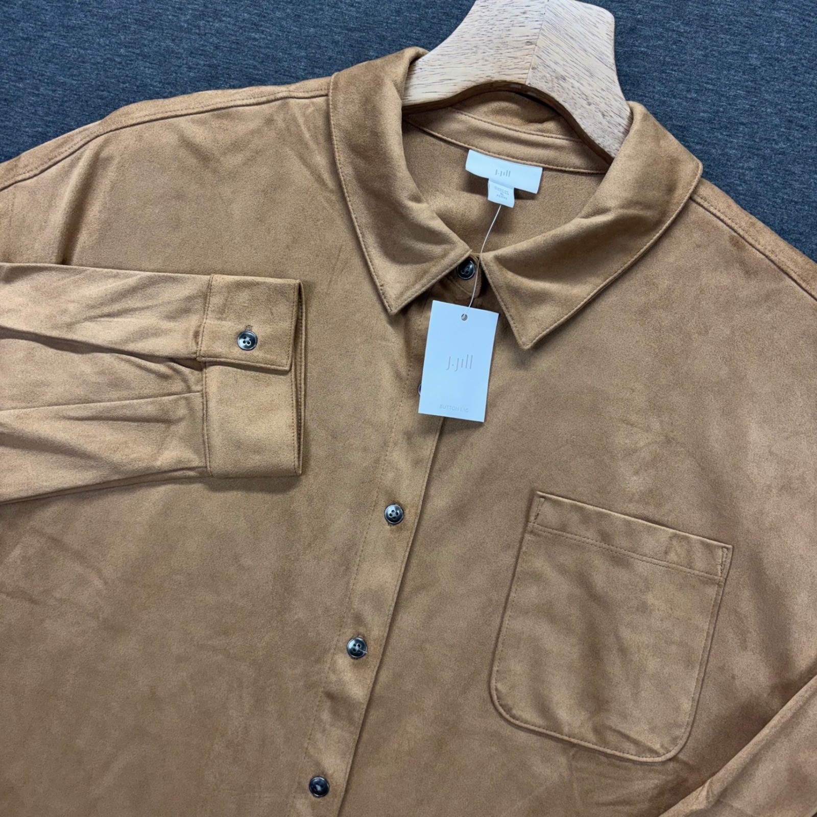 J. Jill Vicuna Faux Suede Button Down Shirt Tan Petite XLP Long Sleeve 332032