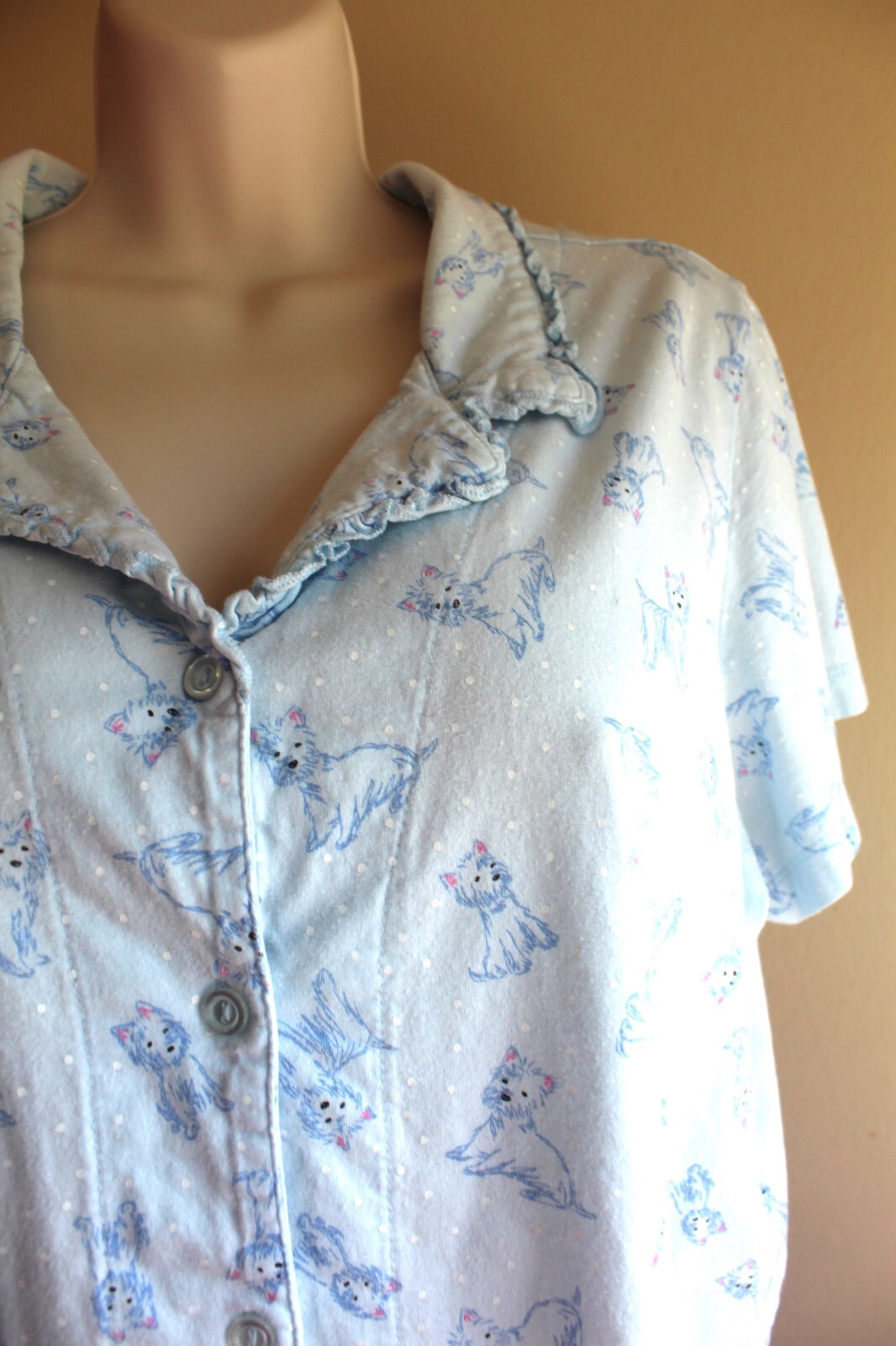 Twee Doggie Pajama Shirt XL Light Blue Cotton Knit Button SS Laura Scott