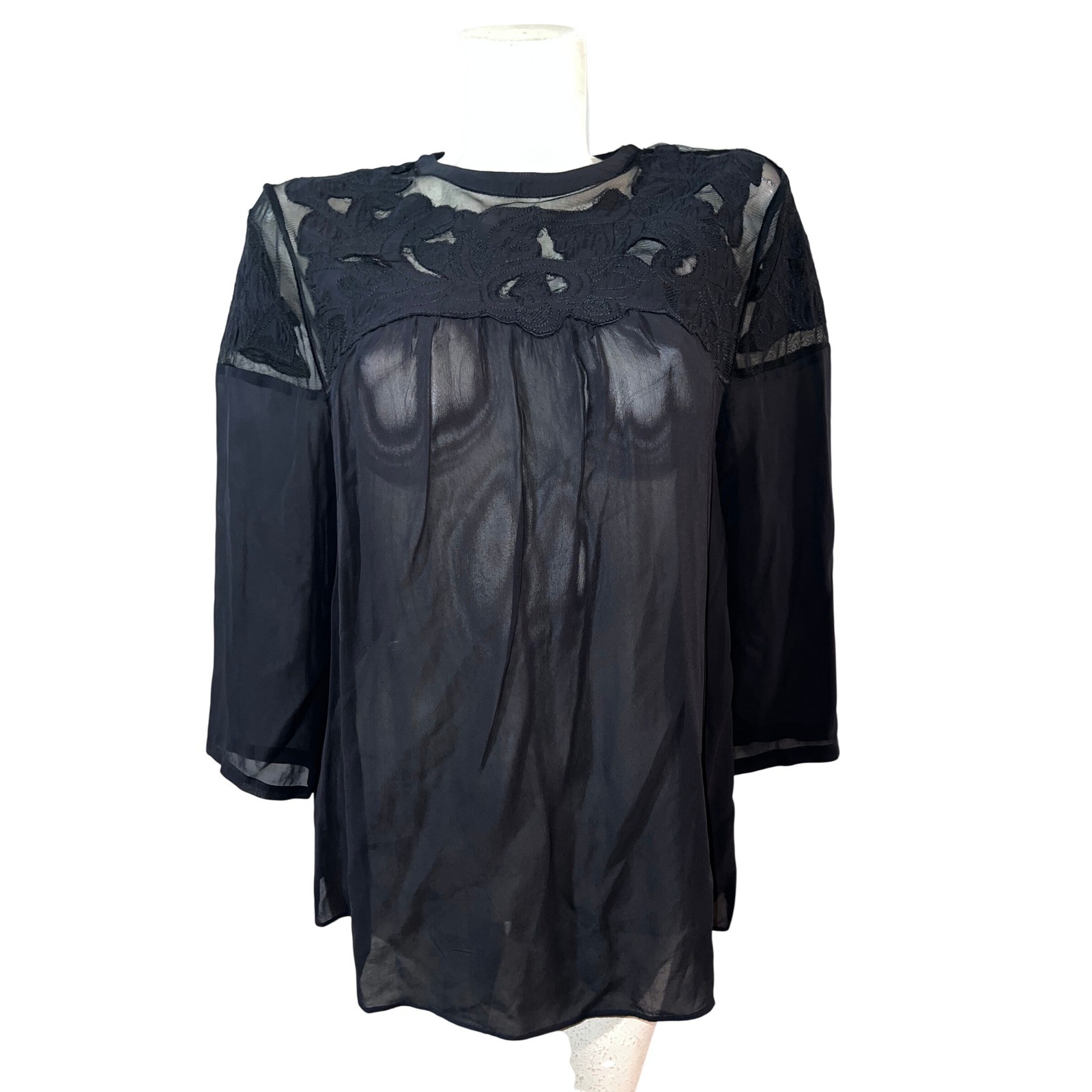 Vanessa Virginia Anthropologie Black Sheer Embroidered Blouse 3/4 Sleeve Size 8
