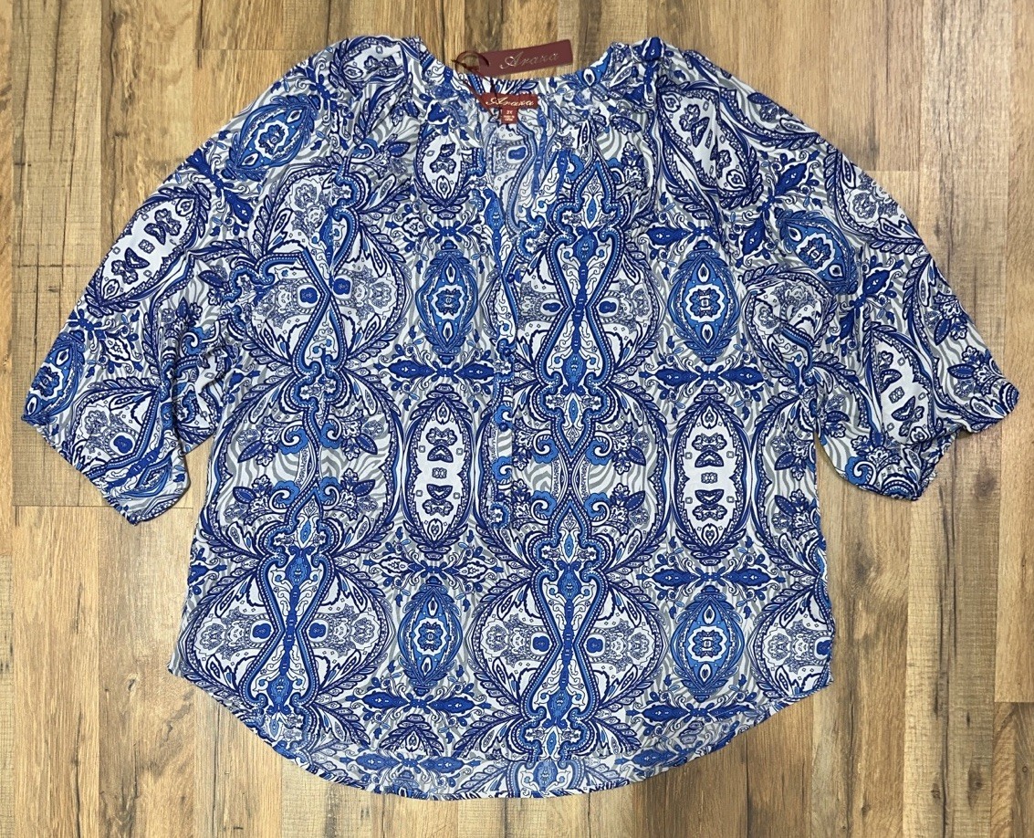 Araza Plus Size 3x NWT Blue Paisley Partial Button Front Top 3/4 Sleeves Blouse