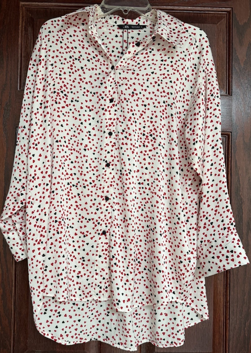 ZARA Satin Effect Heart Print Blouse Oversized Button Down Shirt Small S NWOT